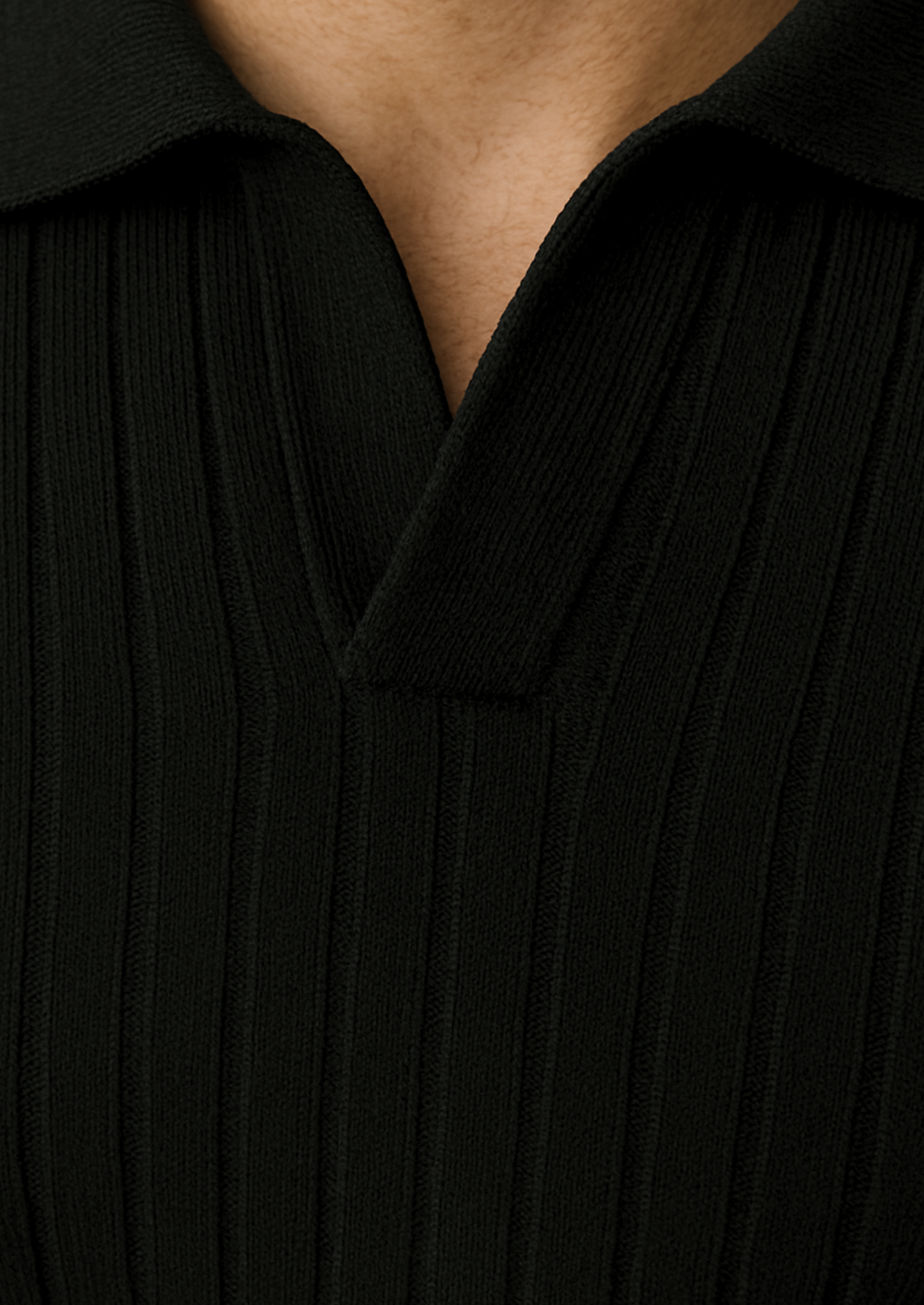 Herre Svart Ribbete Strikket Polo Genser for Smart Casual Bruk