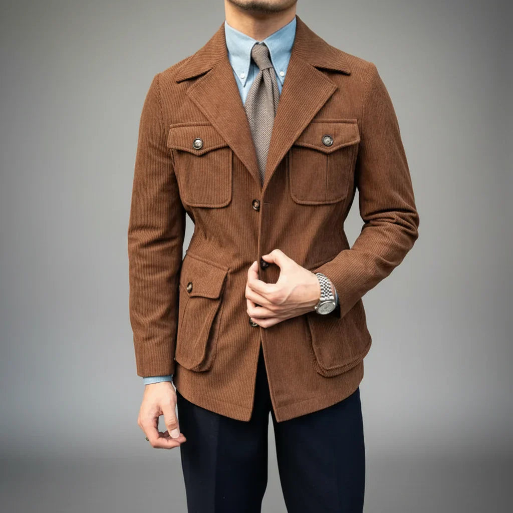 Herre Herringbone Blazer med Gullfargede Detaljer