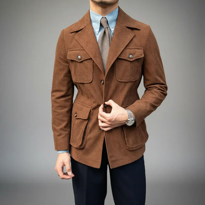 Herre Herringbone Blazer med Gullfargede Detaljer