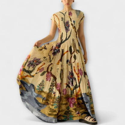Amanda - Plisserte Print Maxi Kjole for Arrangementer