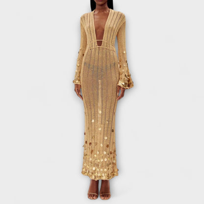 Kathleen Gold Strikket Maxi Kjole for Chic Arrangementer