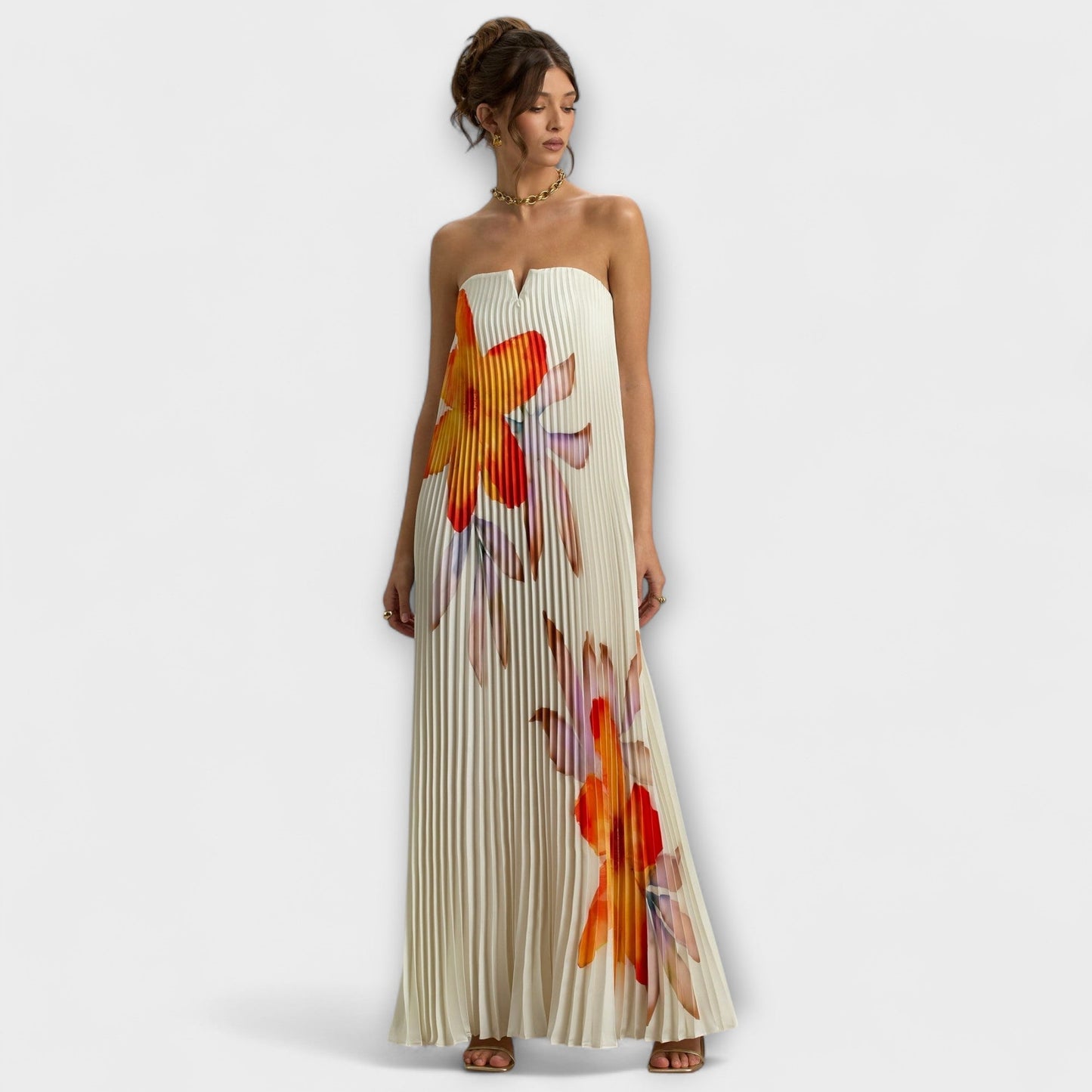Michelle Orange Blomster Maxi Kjole for Spesielle Anledninger