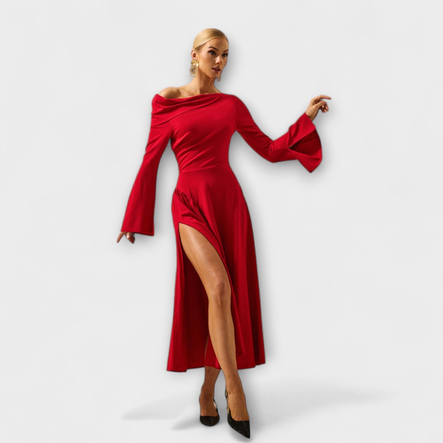 Chic Off-Shoulder Midi Kjole med Ballongsleeves for Alle Anledninger