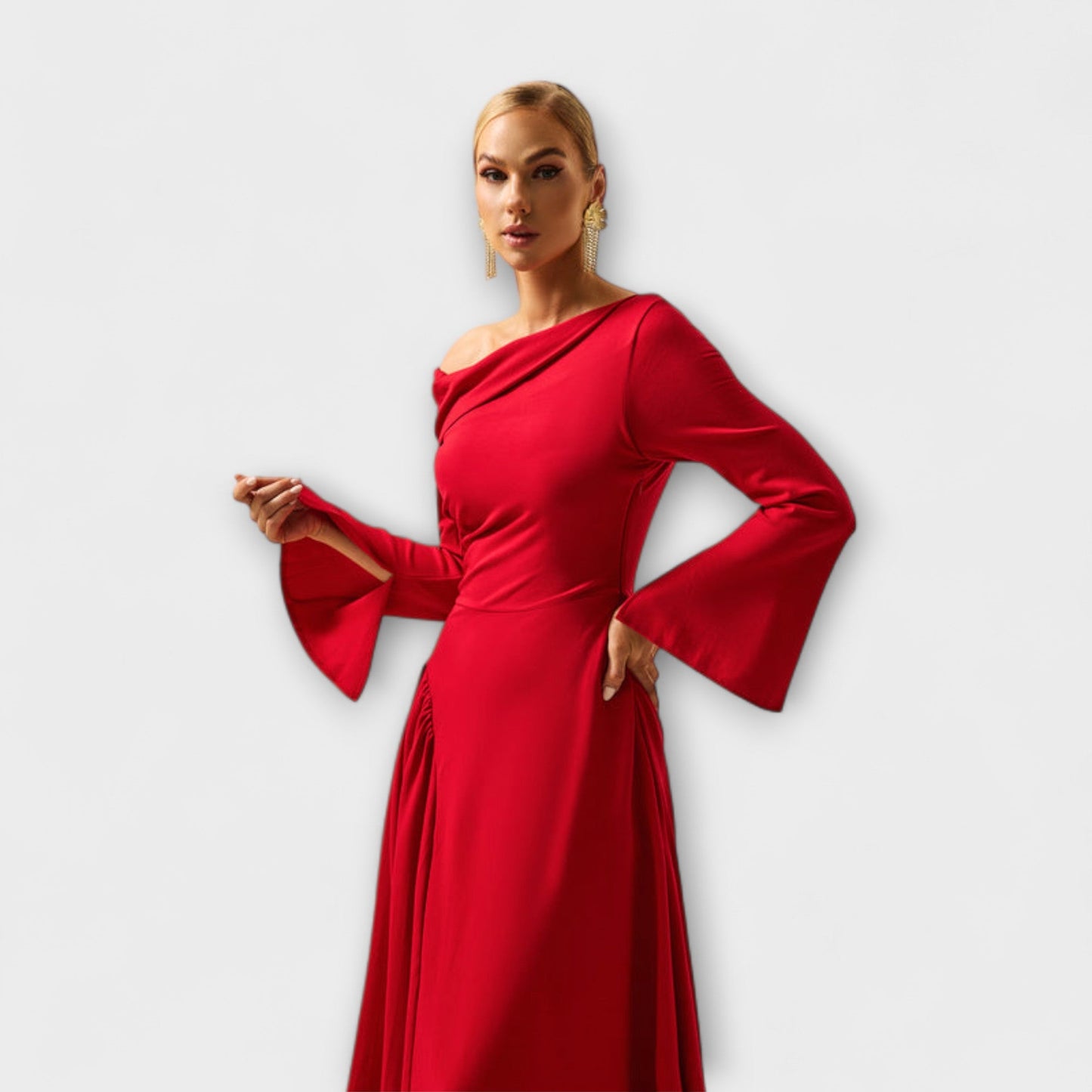 Chic Off-Shoulder Midi Kjole med Ballongsleeves for Alle Anledninger