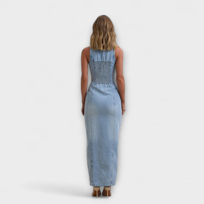 Chic Mid Wash Denim Maxi Kjole for Enhver Anledning