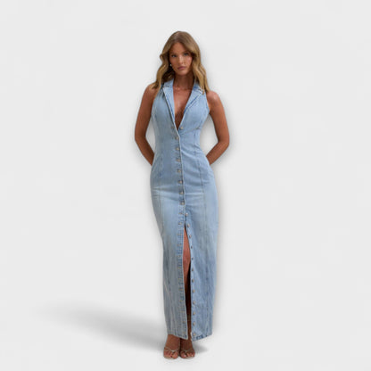 Chic Mid Wash Denim Maxi Kjole for Enhver Anledning