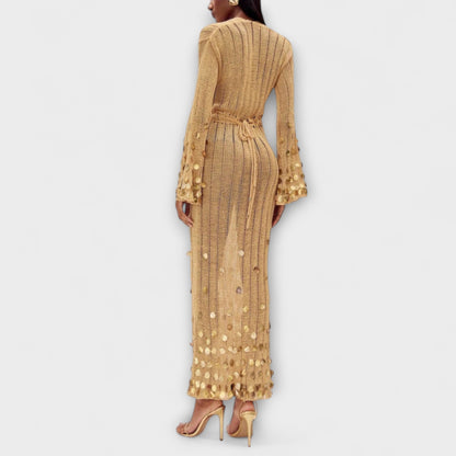 Kathleen Gold Strikket Maxi Kjole for Chic Arrangementer