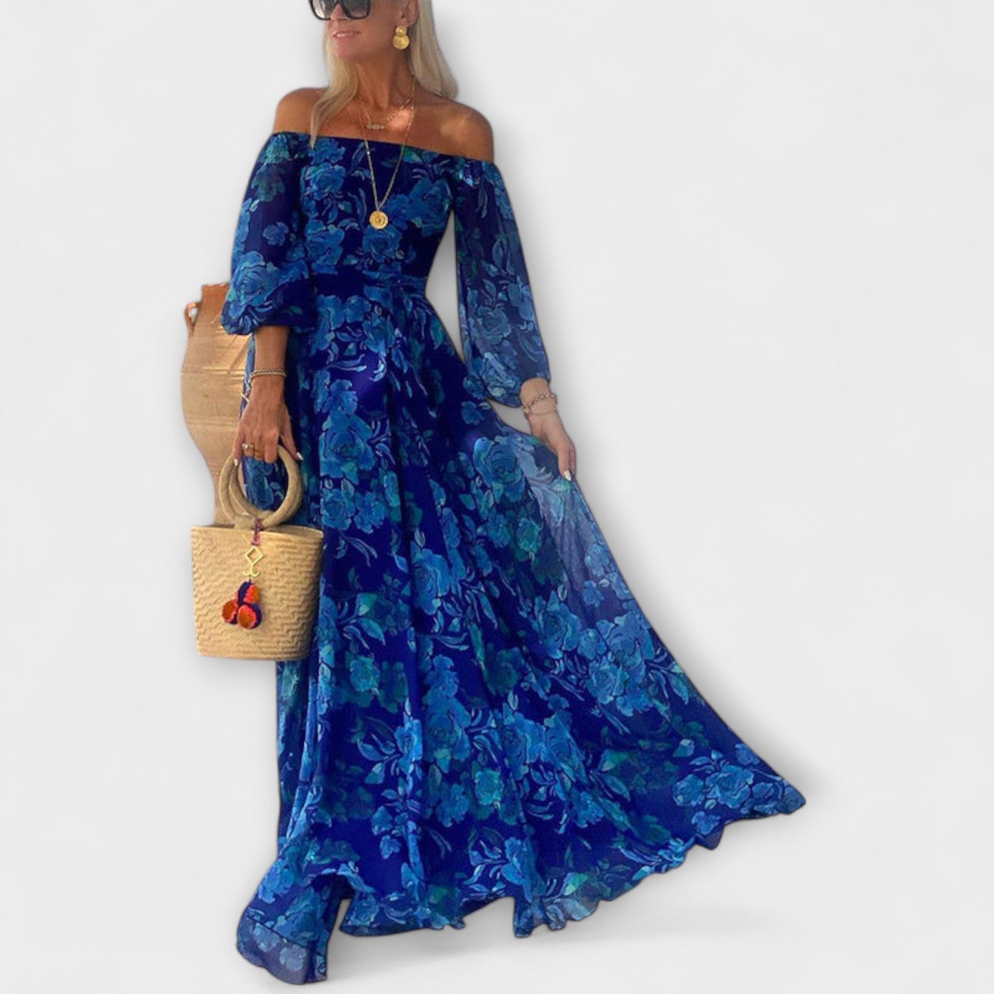 Juniper - Blomstrete Off-Shoulder Smocked Maxi Kjole for Strandferier