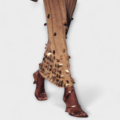 Kathleen Gold Strikket Maxi Kjole for Chic Arrangementer