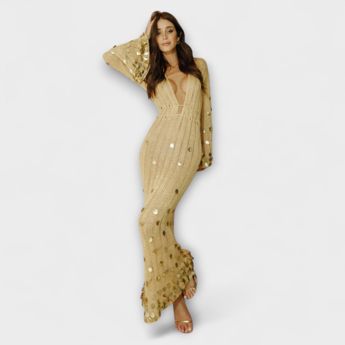Kathleen Gold Strikket Maxi Kjole for Chic Arrangementer