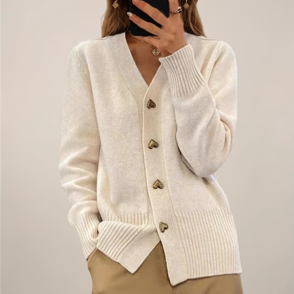 Chic Dame Cardigan med Hjerteknapp Detaljer