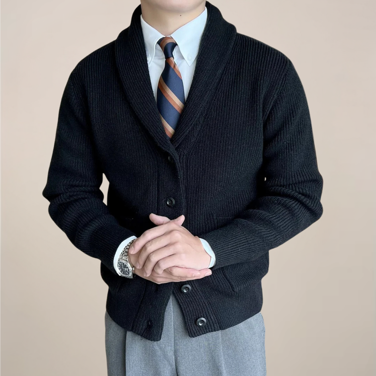 Herre Ribbestrikket Cardigan Genser med Sjalkrage for Smart-Casual Bruk