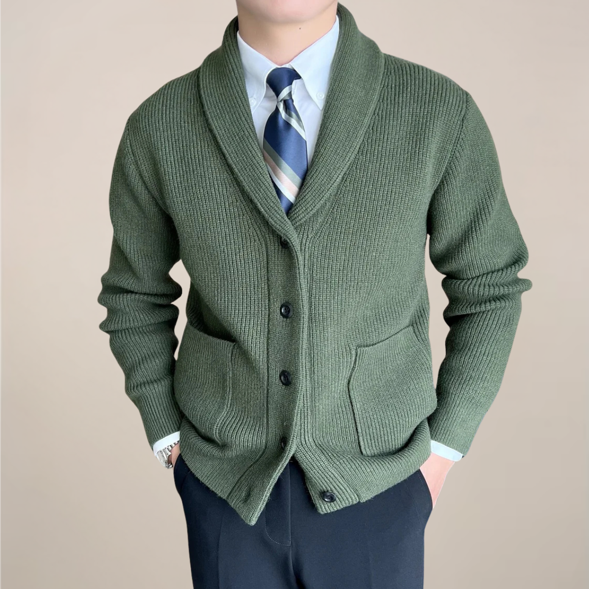 Herre Ribbestrikket Cardigan Genser med Sjalkrage for Smart-Casual Bruk