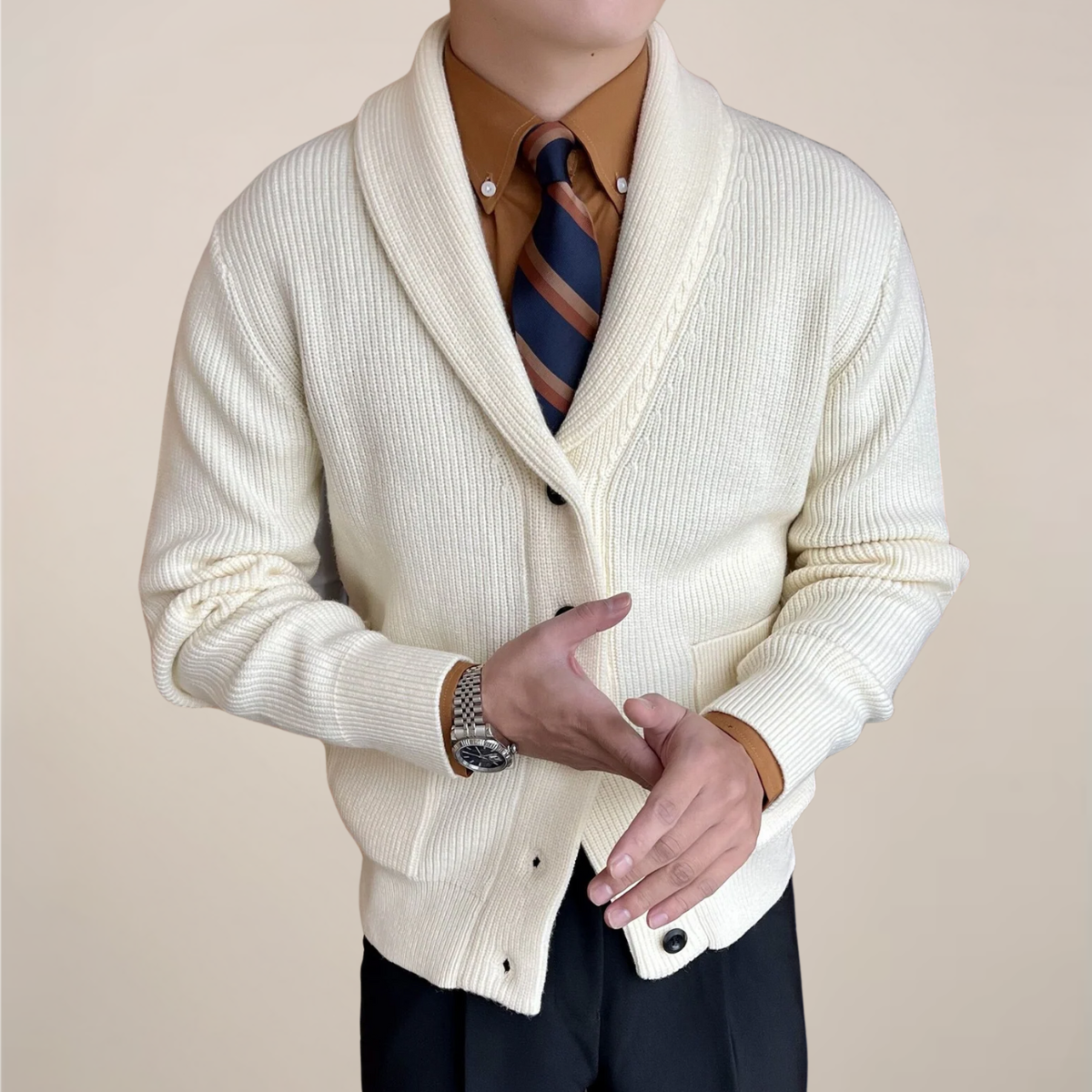 Herre Ribbestrikket Cardigan Genser med Sjalkrage for Smart-Casual Bruk