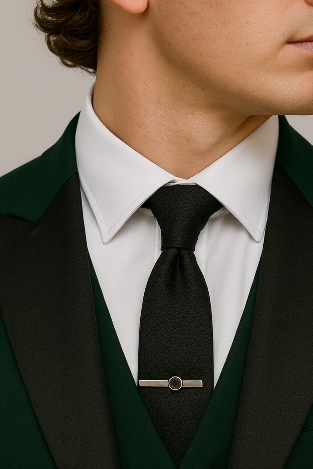 Menns Mørk Grønn Tre-Delt Dress - Stilig Kontrast Revers for Formelle Anledninger