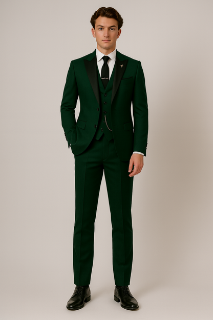 Menns Mørk Grønn Tre-Delt Dress - Stilig Kontrast Revers for Formelle Anledninger