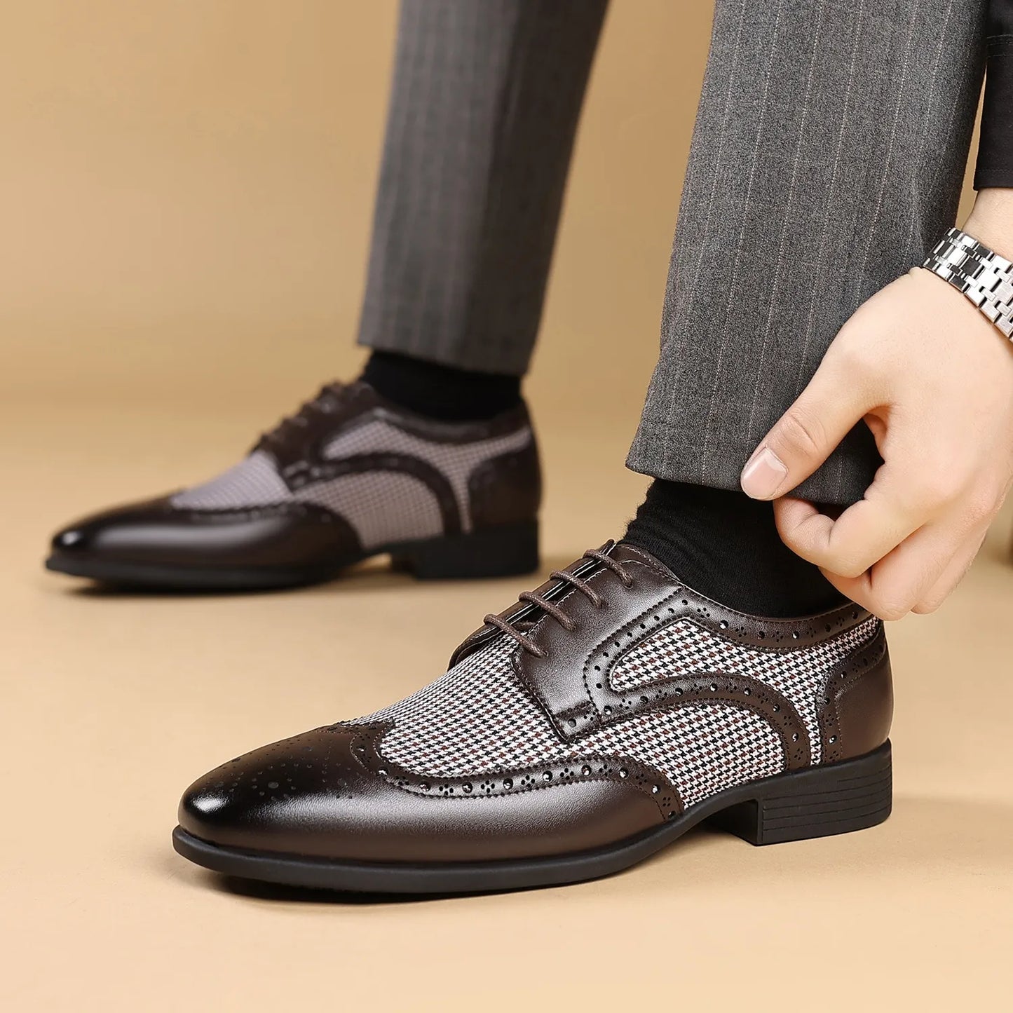 Herre Houndstooth Oxford Dress Shoes - Sofistikert Brogue Stil for Formelle Anledninger