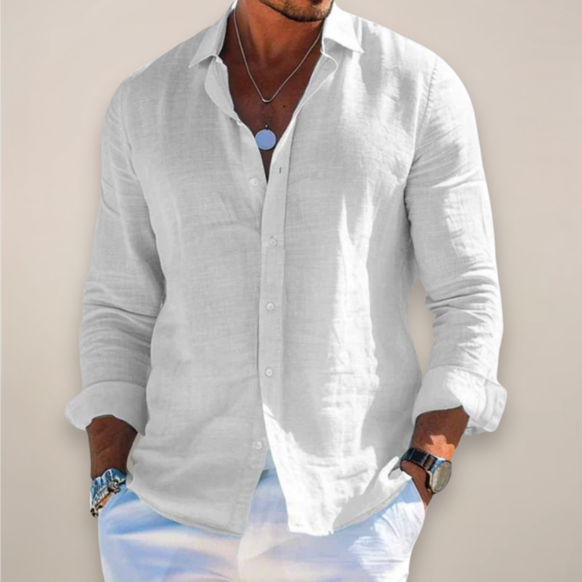 Herre Lin Langermet Skjorte - Stilig Knapp-Up for Enhver Anledning