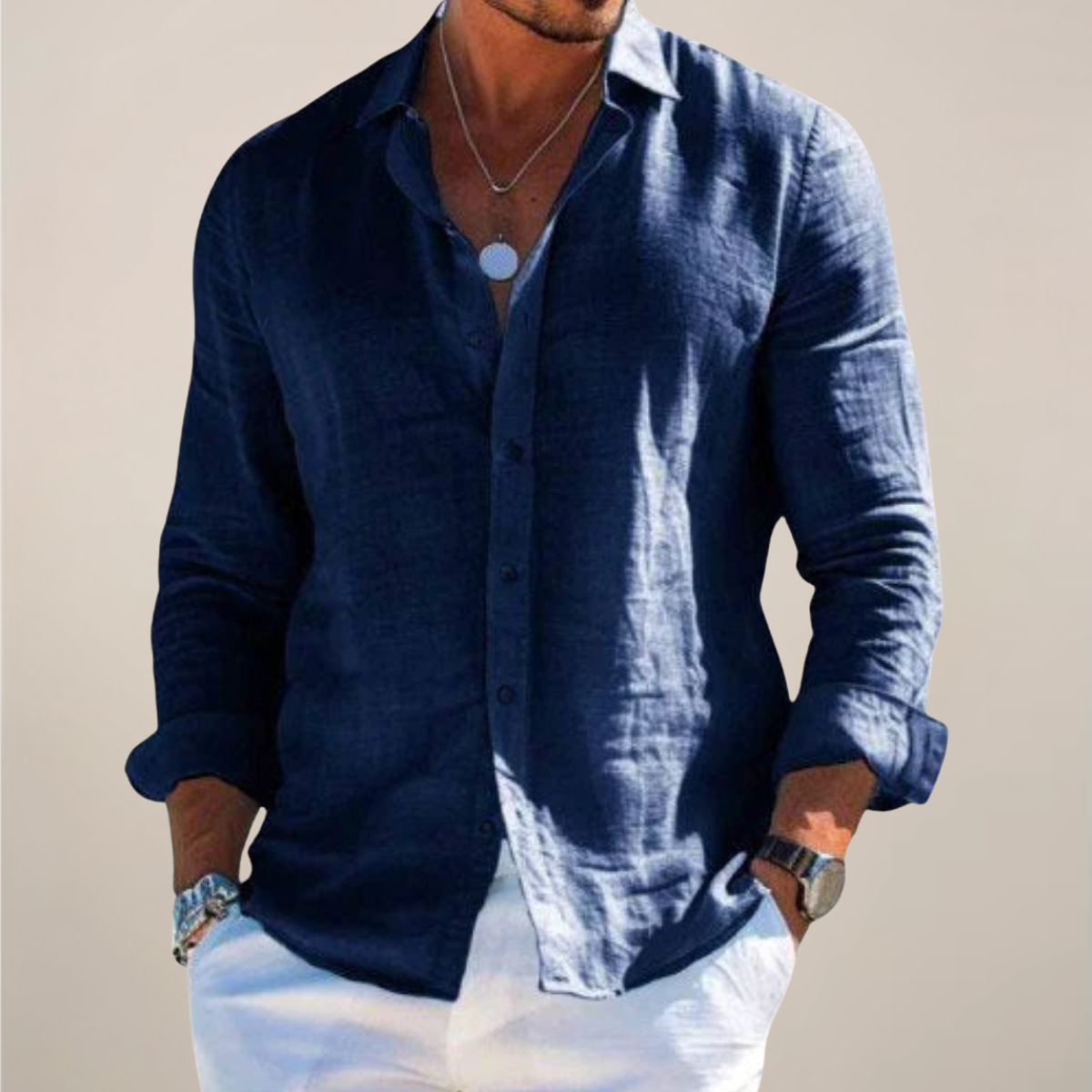 Herre Lin Langermet Skjorte - Stilig Knapp-Up for Enhver Anledning