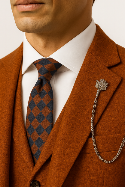 Herres Oransje Tre-delt Tweed Dress – Herringbone Blazer, Vest & Bukser for Formelle Anledninger