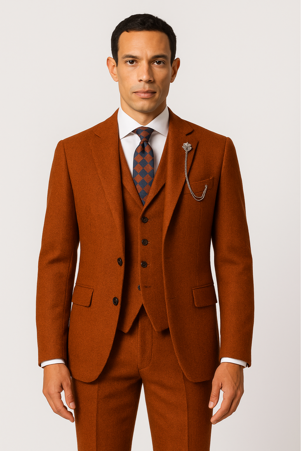 Herres Oransje Tre-delt Tweed Dress – Herringbone Blazer, Vest & Bukser for Formelle Anledninger