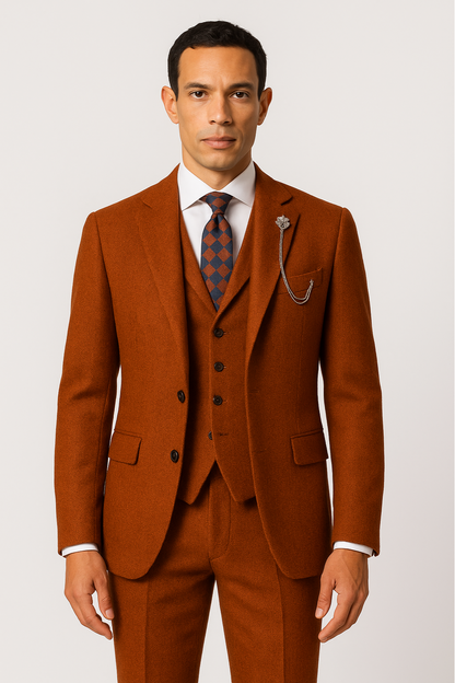 Herres Oransje Tre-delt Tweed Dress – Herringbone Blazer, Vest & Bukser for Formelle Anledninger