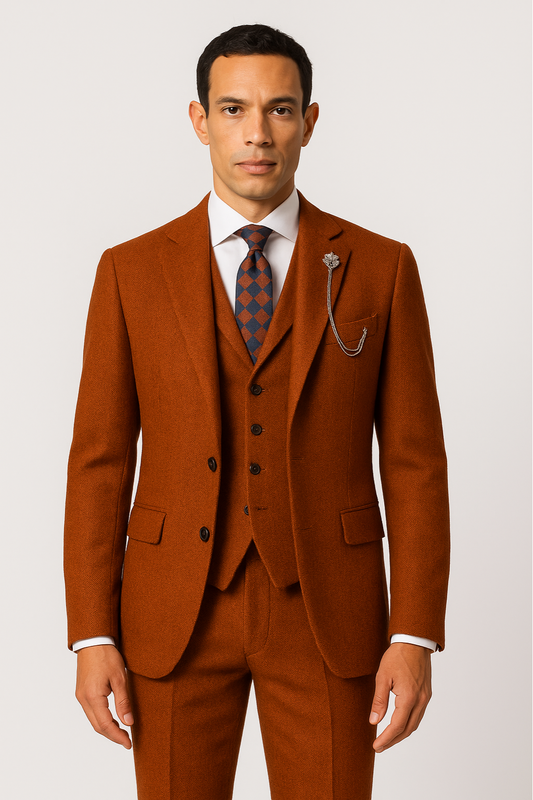 Herres Oransje Tre-delt Tweed Dress – Herringbone Blazer, Vest & Bukser for Formelle Anledninger