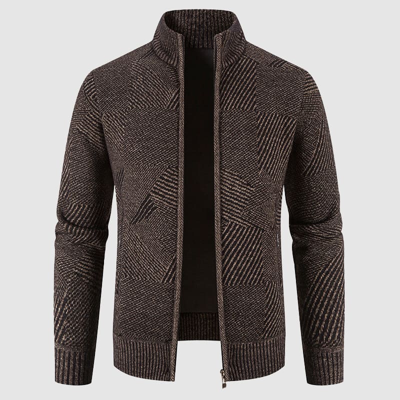 Herres Geometrisk Strikket Zip Cardigan - Mock Neck Stil for Smart Casual Bruk