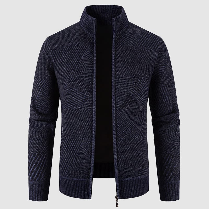Herres Geometrisk Strikket Zip Cardigan - Mock Neck Stil for Smart Casual Bruk