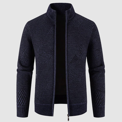 Herres Geometrisk Strikket Zip Cardigan - Mock Neck Stil for Smart Casual Bruk