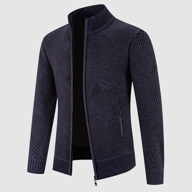 Herres Geometrisk Strikket Zip Cardigan - Mock Neck Stil for Smart Casual Bruk