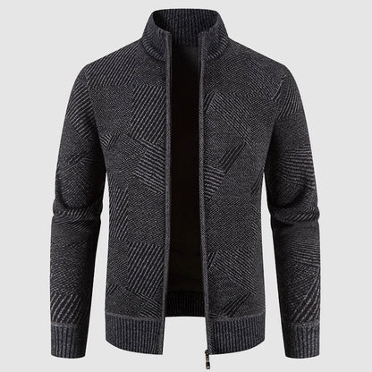 Herres Geometrisk Strikket Zip Cardigan - Mock Neck Stil for Smart Casual Bruk