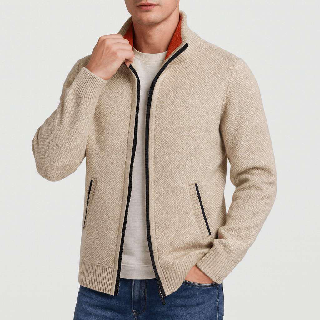 Herre Zip-Krage Cardigan – Stilig Strikk for Enhver Anledning