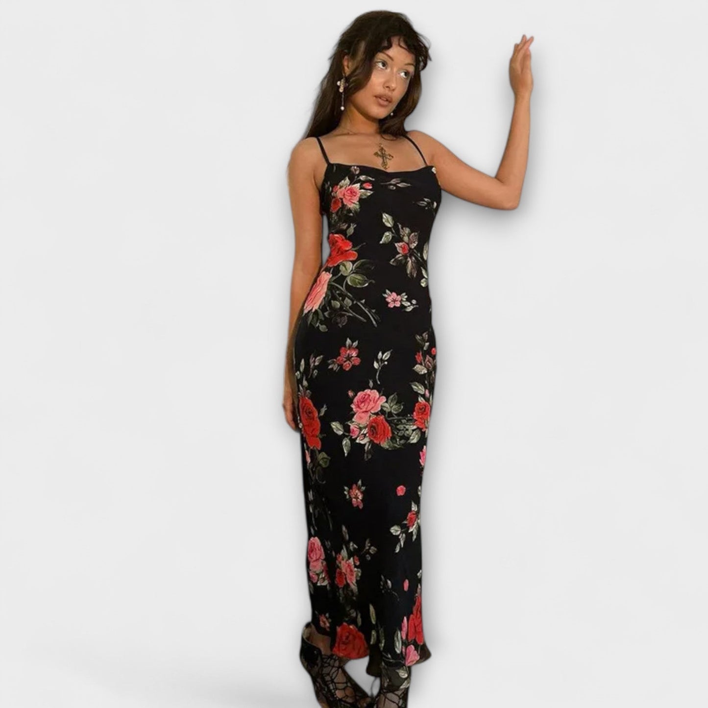 Blomstertrykk Spaghetti Stropp Kjole for Fester