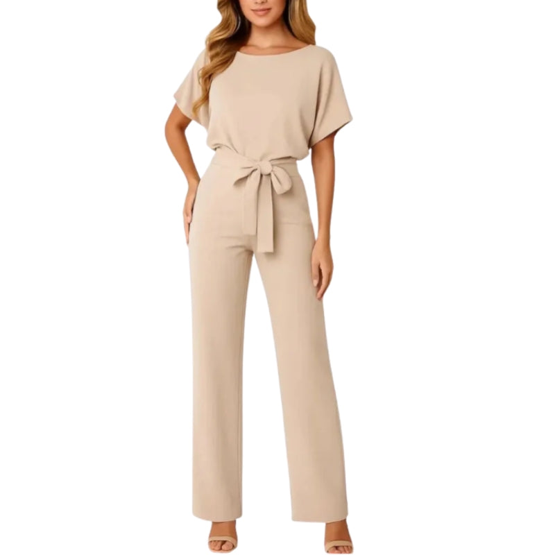 Stilig kvinne jumpsuit med kort erme og belte i midjen for enhver anledning