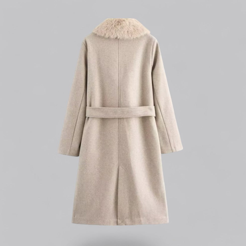 Chic Beige Dobbelbrystet Trench Coat med Fuskepels Krage for Stilige Utflukter