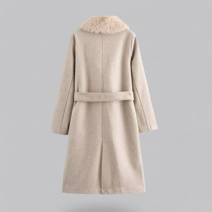 Chic Beige Dobbelbrystet Trench Coat med Fuskepels Krage for Stilige Utflukter