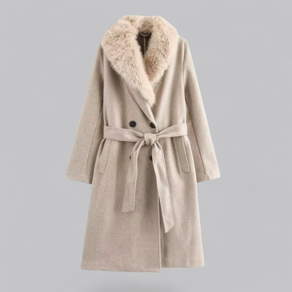 Chic Beige Dobbelbrystet Trench Coat med Fuskepels Krage for Stilige Utflukter