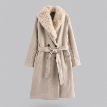 Chic Beige Dobbelbrystet Trench Coat med Fuskepels Krage for Stilige Utflukter