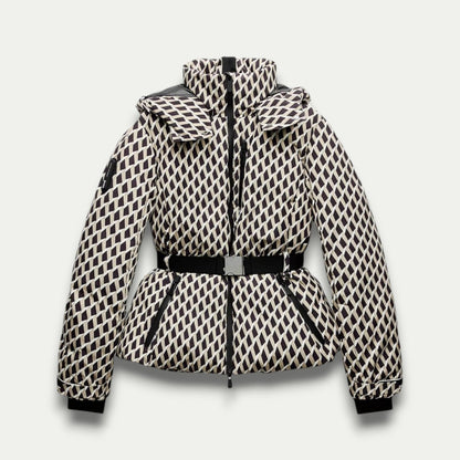 Women's Beige Patterned Puffer Jacket – Stylish Belted Insulation for Outdoor Wear