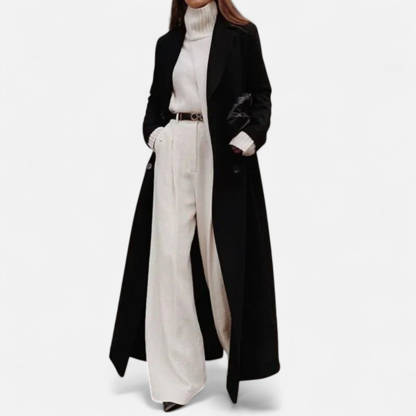 Dame Svart Maxi Overcoat – Chic Langline Yttertøy for Året Rundt Bruk