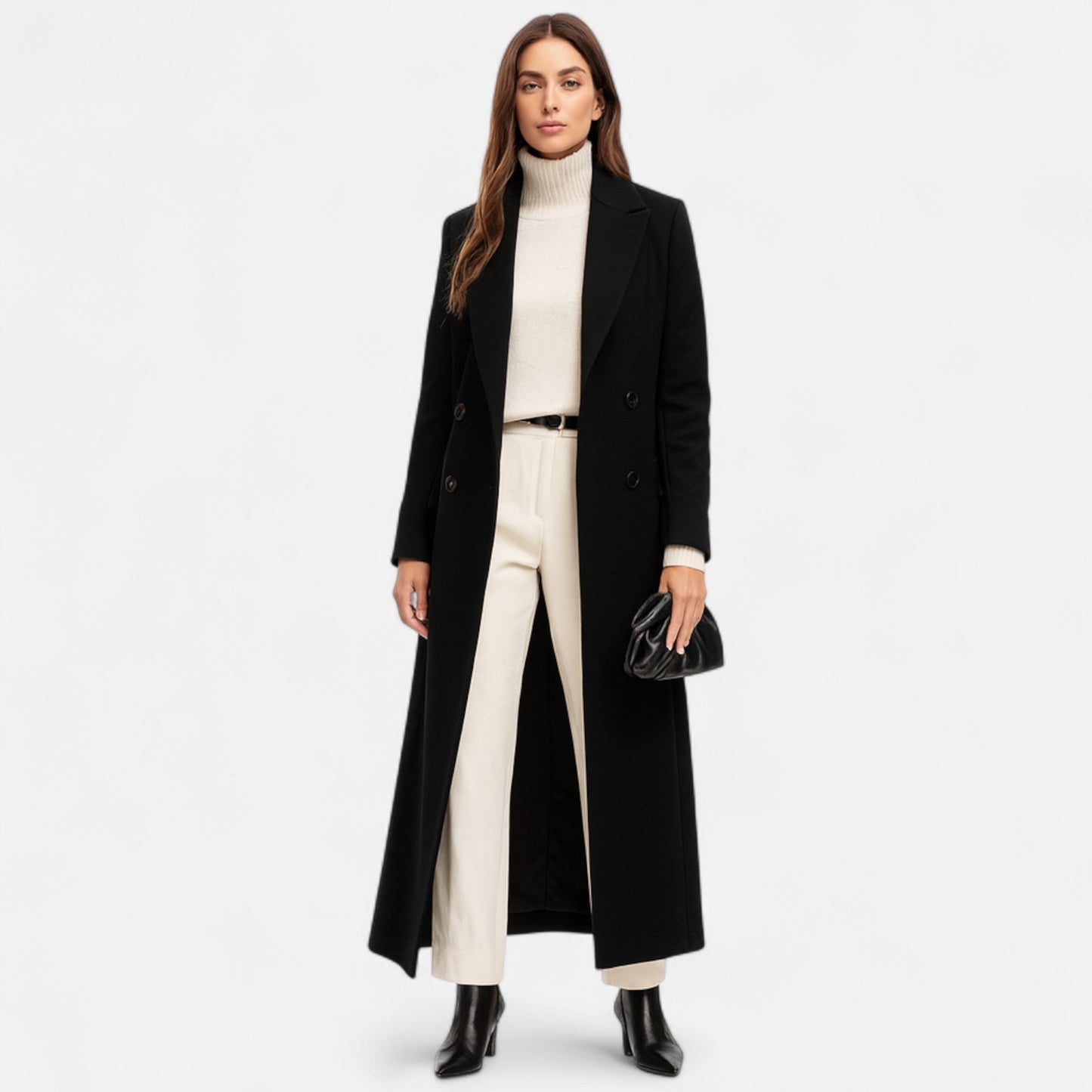 Dame Svart Maxi Overcoat – Chic Langline Yttertøy for Året Rundt Bruk