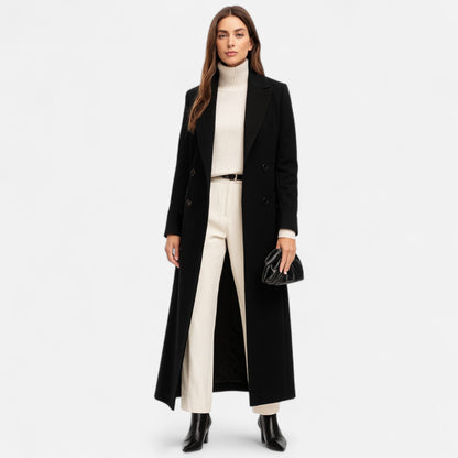 Dame Svart Maxi Overcoat – Chic Langline Yttertøy for Året Rundt Bruk