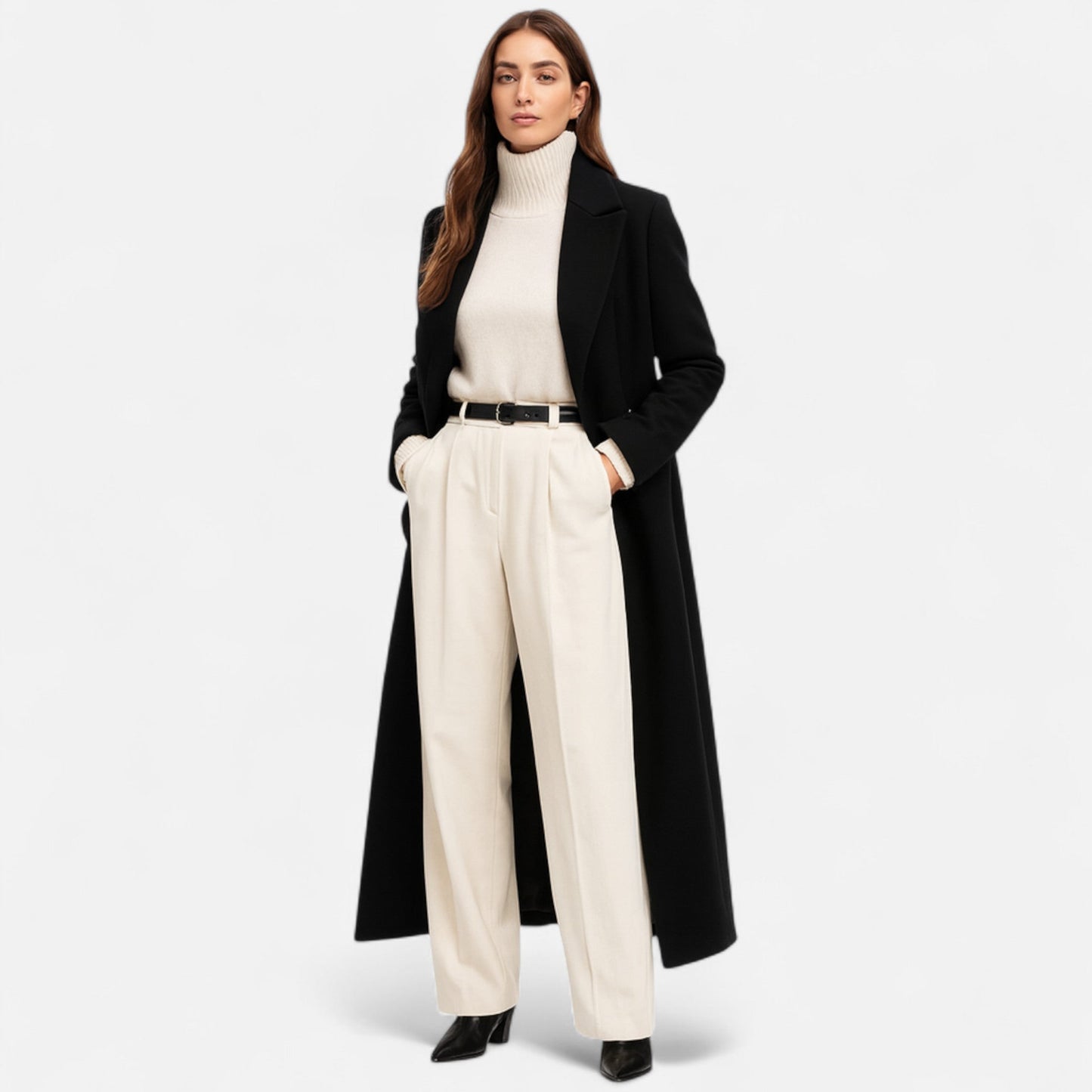 Dame Svart Maxi Overcoat – Chic Langline Yttertøy for Året Rundt Bruk