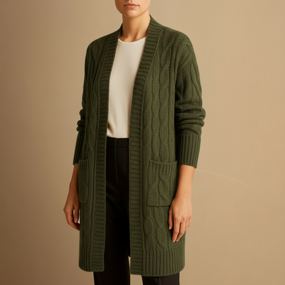 Dame Cozy Kabelstrikket Lang Cardigan med Lommer