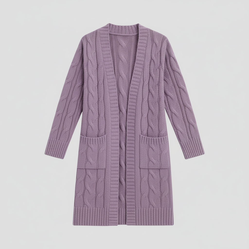 Dame Cozy Kabelstrikket Lang Cardigan med Lommer