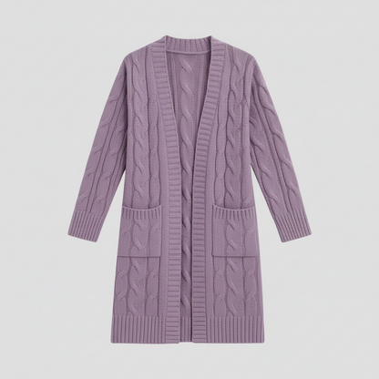 Dame Cozy Kabelstrikket Lang Cardigan med Lommer