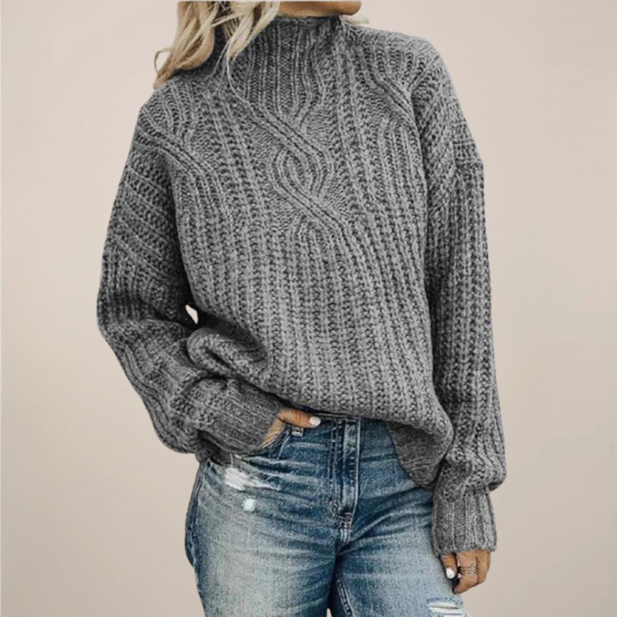 Chic svart mock neck kabelstrikket genser for enhver anledning