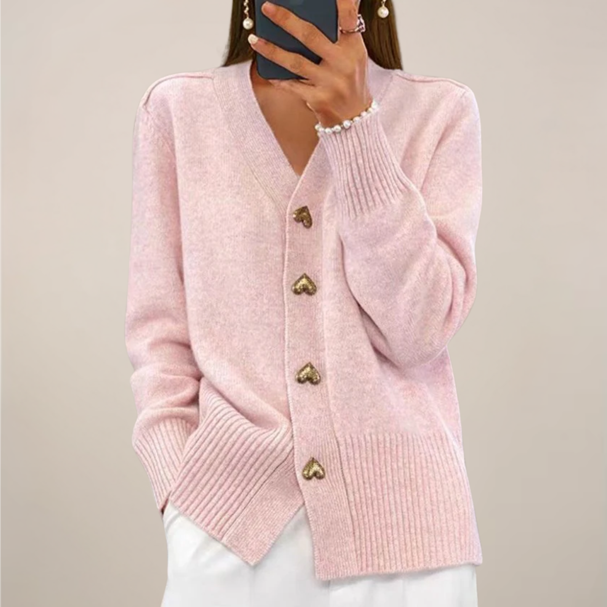 Chic Dame Cardigan med Hjerteknapp Detaljer