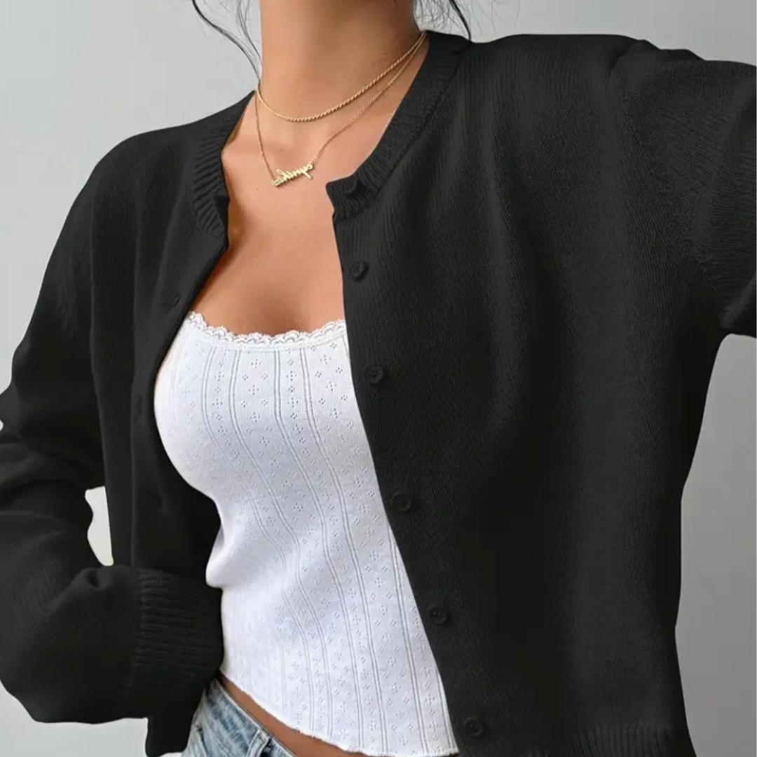Chic Cropped Knapp Cardigan – Koselig Strikk for Hverdagsstil